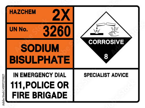 Sodium Bisulphate UN 3260 Symbol Sign, Vector Illustration, Isolate On White Background, Label.EPS10