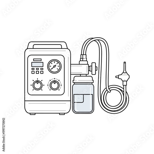 Medical device illustration showing the components of a nebulizer machine for respiratory treatment.