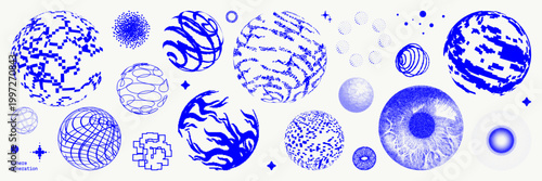 Set of abstract geometric shapes with bitmap, halftone and stipple effect. Trendy vector illustration with 3d wireframe models. Concept techno style