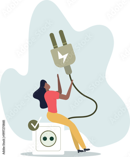 flat vector illustration. unplug appliances.Power save concept.person's life situation and his activities.