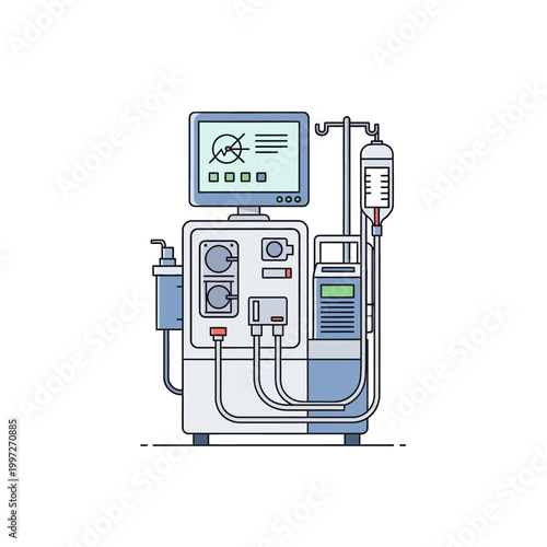 Medical illustration of a dialysis machine used for kidney treatment.
