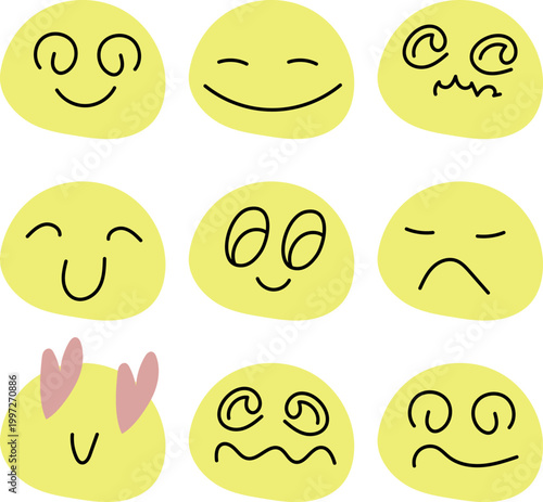 Doodle Style Emoji Faces Set with Love Joy Anger .