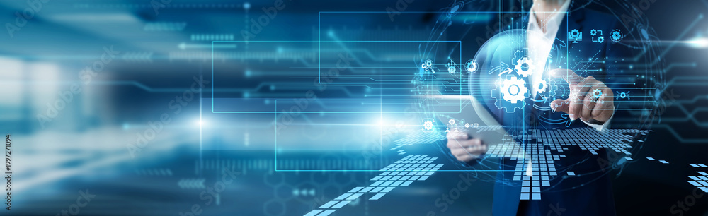Fototapeta premium Systems engineer hand hold tablet and easily touch automation workflows. Optimizing repetitive tasks and improving industrial efficiency. Streamlined production with smart robotic control.