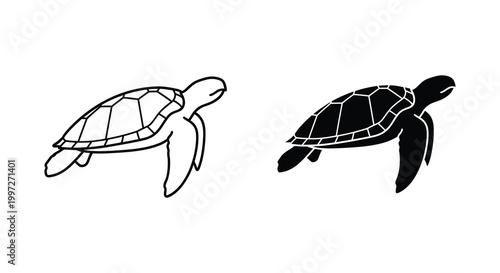 Two sea turtles depicted in contrasting black and white art silhouette