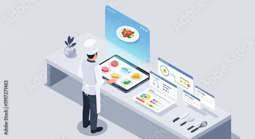 Isometric illustration of a chef analyzing food data on a tablet.
