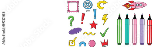 Colorful doodle symbols and marker pens vector illustration set with arrows, shapes, rocket and icons, playful hand drawn elements for kids design, school projects and creative artwork