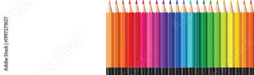 Row of colorful wooden pencils arranged in gradient order vector illustration, vibrant rainbow stationery background for school design, art supplies, education themes and creative projects