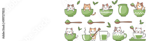 Cute cartoon cats with matcha tea bowls and cups vector set, kawaii kittens with green tea elements for cafe menus, stickers, packaging and playful beverage design