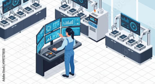 Isometric illustration of a worker in a factory with industrial machinery and computer screens.