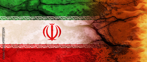 Flags of iran amidst flames symbolizing complex middle eastern geopolitics and tensions, Tension between israel  American and iran flags on fire. not ai