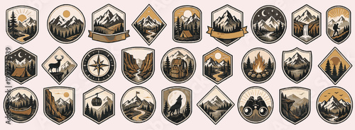 Mountain Adventure Badges Pack. Vintage Outdoor SVG Vector Set with Adventure Badges, Camping Emblems, Mountain Crest Logos and Nature Patch Elements, mountain adventure badges