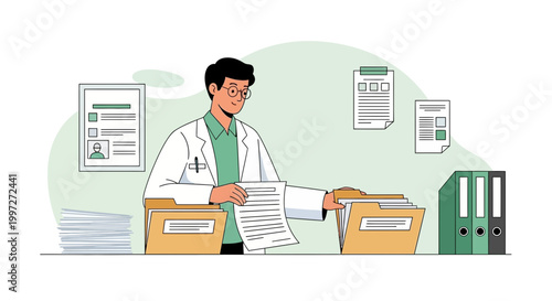 Doctor organizing medical records in folders, healthcare documentation, medical research