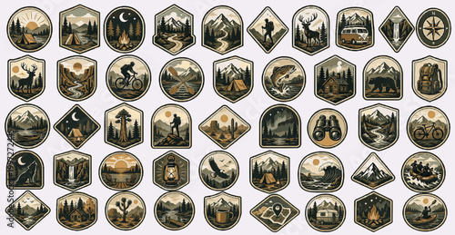 Mixed Adventure Badge Bundle Pack. Vintage Outdoor SVG Vector Set with Adventure Badges, Camping Emblems, Mountain Crest Logos and Nature Patch Elements, mixed adventure badge bundle