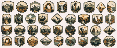 National Park Style Pack. Vintage Outdoor SVG Vector Set with Adventure Badges, Camping Emblems, Mountain Crest Logos and Nature Patch Elements, national park style badges, park logo emblems