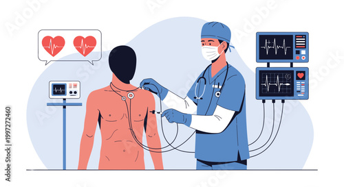 Doctor performing EKG on patient for heart health checkup, medical equipment, cardiology concept