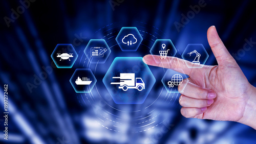 Smart logistics concept. warehouse operations with AI technology, using digital tools for inventory tracking, automation, and efficient supply chain control. not ai