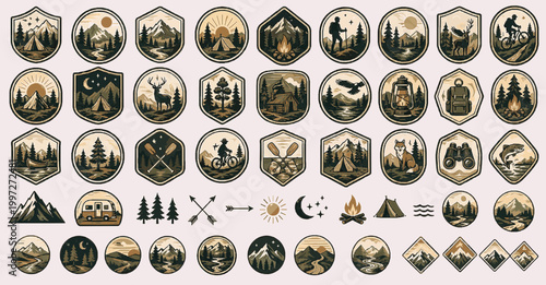 Retro Outdoor Toolkit Pack. Vintage Outdoor SVG Vector Set with Adventure Badges, Camping Emblems, Mountain Crest Logos and Nature Patch Elements, retro outdoor toolkit, adventure badge bundle