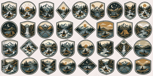 River Kayak Badges Pack. Vintage Outdoor SVG Vector Set with Adventure Badges, Camping Emblems, Mountain Crest Logos and Nature Patch Elements, river kayak badges, paddle crest logos