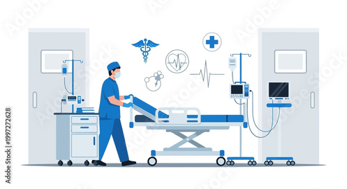 Doctor pushing hospital bed in modern clinic, medical equipment, healthcare concept