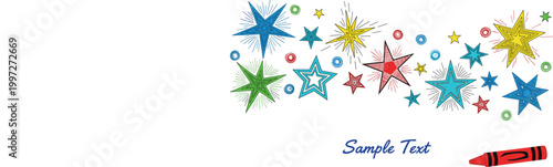 Colorful hand drawn star doodles vector illustration with sketch style bursts and circles, playful crayon design elements for kids artwork, posters, backgrounds and creative decorations
