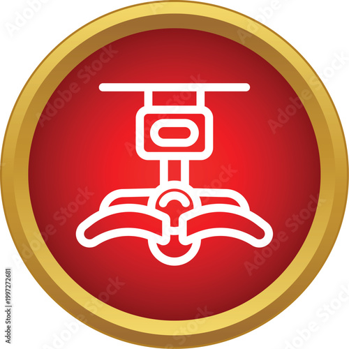 Claw game machine mechanism forming an outline icon in a red and gold circle