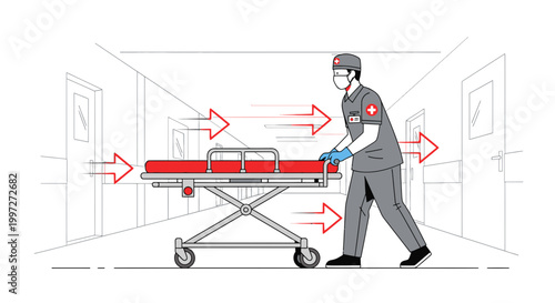 Doctor pushing stretcher down hospital corridor with red arrows indicating movement