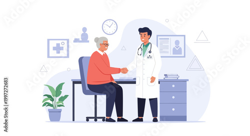 Doctor shaking hands with elderly patient in clinic, healthcare consultation, medical checkup