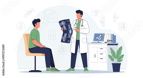 Doctor showing knee x-ray scan to patient in clinic, medical consultation for joint pain