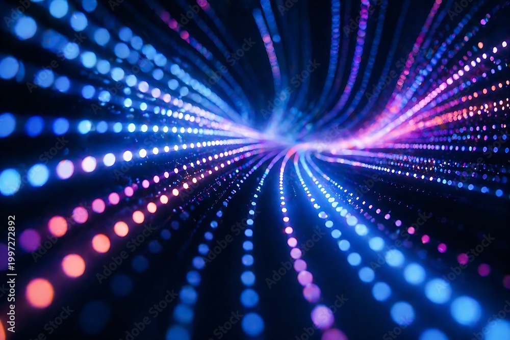 Obraz premium Abstract visualization of glowing blue and pink digital data streams flowing through a dark tunnel.