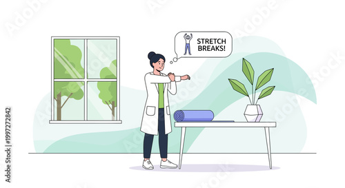 Doctor stretching at desk, promoting healthy work habits and wellness breaks