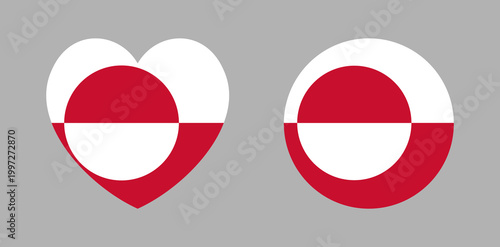 Flag of Greenland heart, circle, icon, sticker set. Round, heart Greenland flag badge, button. Flag of Greenlander country flag sign, symbol, banner, background.