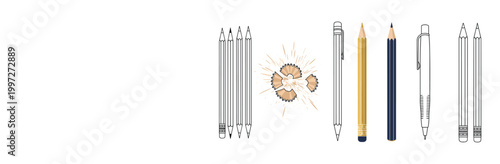 Minimal pencil and pen line art vector set with graphite pencils, ink pen, shaving burst and clean outline stationery elements for design use