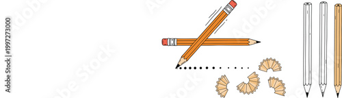 Hand drawn pencil sketch vector illustration with wooden pencils, graphite outlines, shaving pieces and dotted line isolated on white background for art design