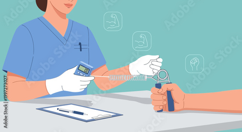 Doctor testing patient's hand grip strength with dynamometer, rehabilitation concept