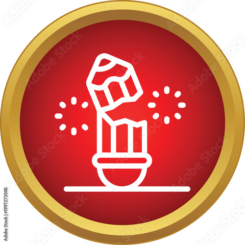 Broken pencil graphic inside a red and gold circle, symbolizing creative failure or interruption