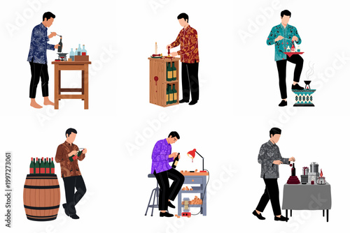 Collection of Illustrations Featuring Indonesian Men in Batik Shirts Performing Various Tasks in the Process of Wine Bottling and Wax Sealing