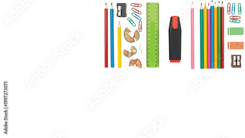 Colorful school stationery vector set with pencils, ruler, highlighter, paper clips, sharpeners and erasers isolated on white background for education design