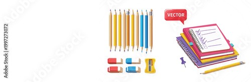 Realistic school stationery vector set with notebooks, pencils, erasers, sharpener and checklist planner isolated on white background for education and office design