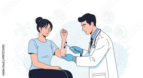 Doctor testing patient's reflexes with reflex hammer on arm, neurological exam