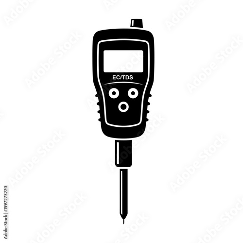Black and white soil meter device for measuring moisture levels in the ground.