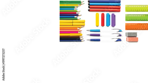 Colorful school stationery vector illustration set with pencils, pens, rulers and erasers, creative education supplies collection for classroom design, office tools and back to school concepts