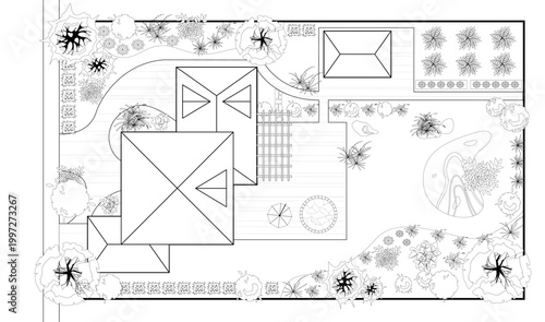Top view landscape design plan with house, courtyard, lawn. Black and white highly detailed plan of country with modern cottage, villa with garden. Vector illustration Cityscape, Map of town, village