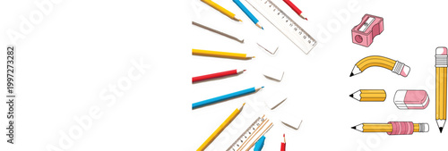 School stationery vector illustration with pencils, rulers and sharpener, creative composition of writing tools for education design, classroom supplies, back to school and office materials