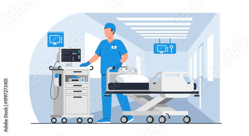 Doctor with medical equipment and patient bed in hospital corridor