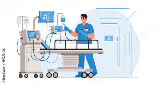 Doctor with medical equipment in hospital room, intensive care unit, medical technology