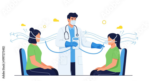 Doctor with oxygen masks on patients, medical treatment, respiratory support