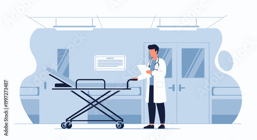Doctor with Stethoscope and Clipboard in Hospital Room with Stretcher