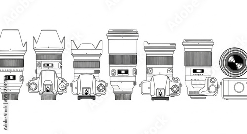 Collection of Camera Lenses and Equipment Line Drawing.