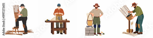 Vector illustration set of men engaged in traditional basket weaving and grape harvesting activities on a white background.
