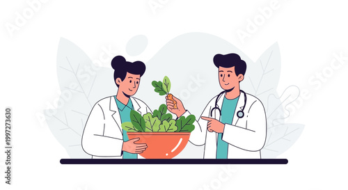 Doctors with stethoscope examining fresh green salad in bowl, healthy lifestyle concept